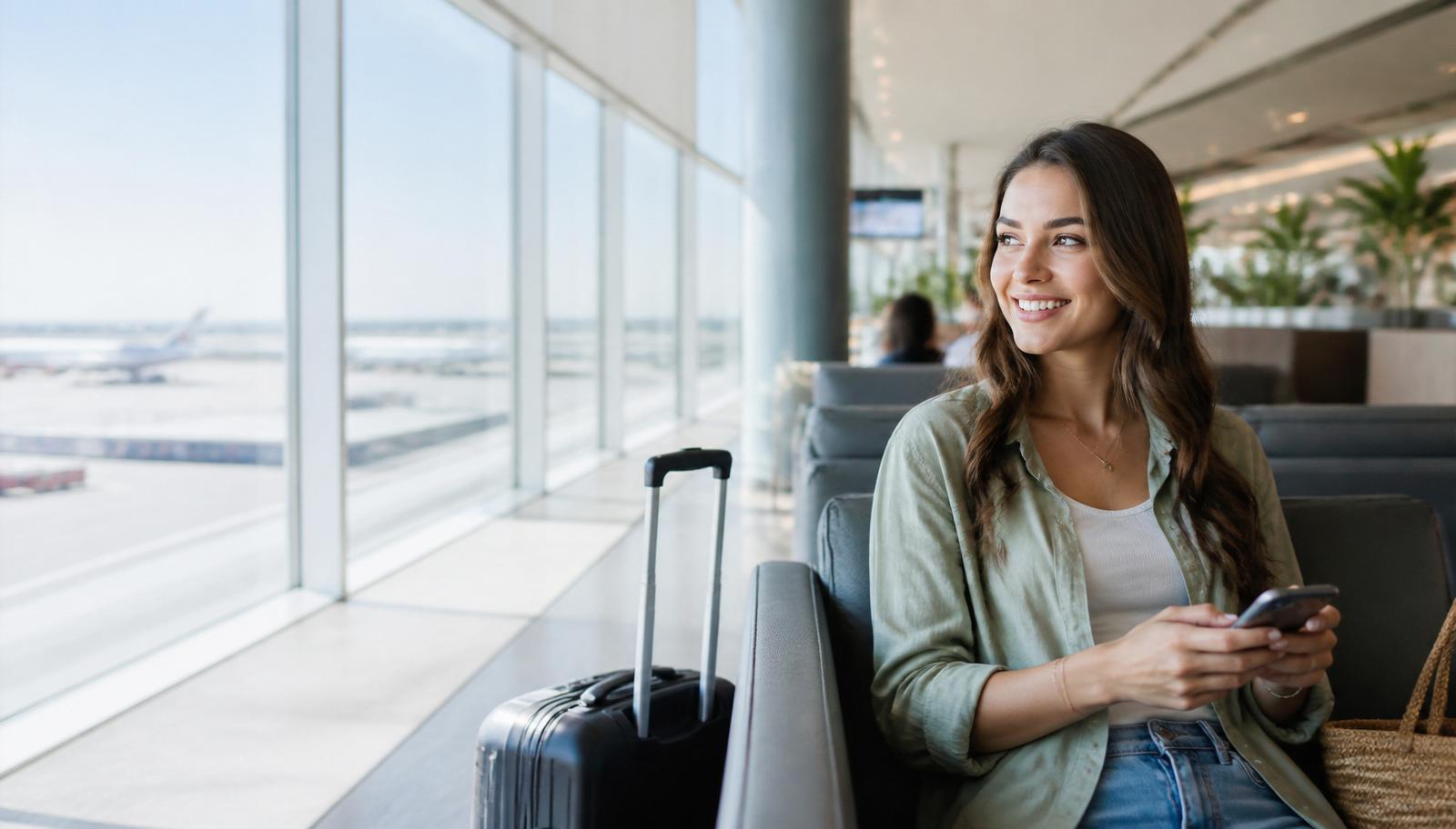 Viajante sorrindo em um aeroporto
